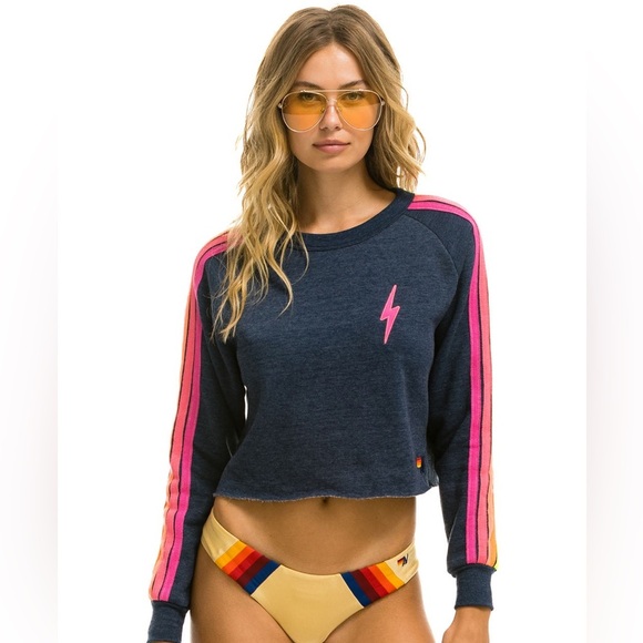 Tops - Aviator Nation BOLT CLASSIC CROPPED CREW SWEATSHIRT - HEATHER NAVY NEON STRIPES